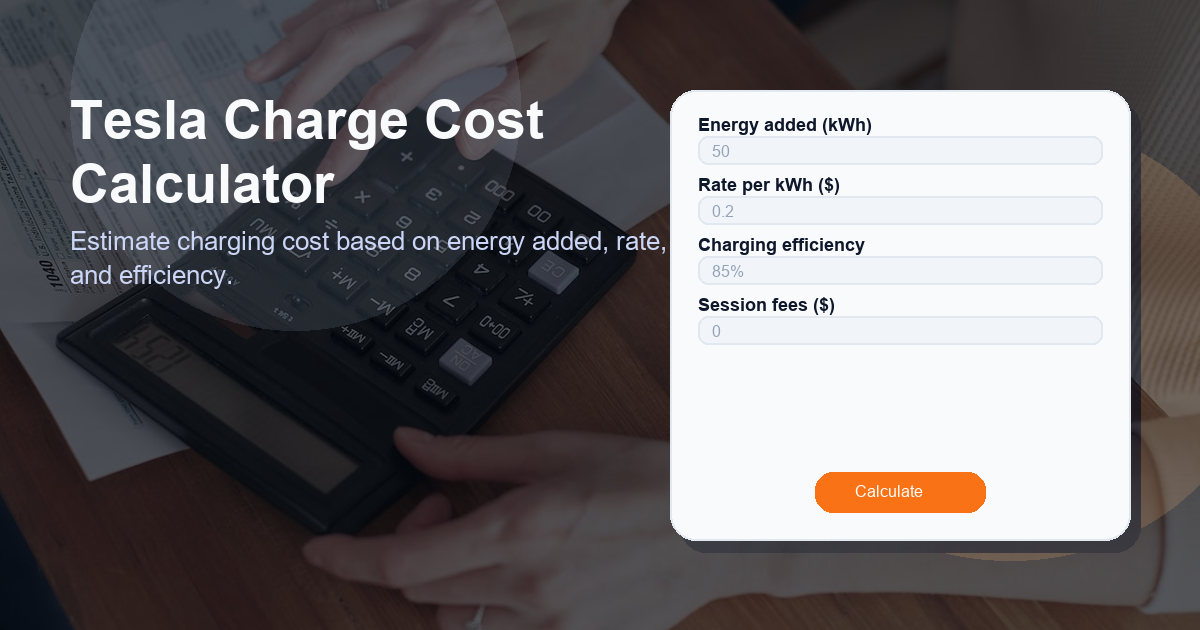 Estimate charging cost based on energy added, rate, and efficiency.