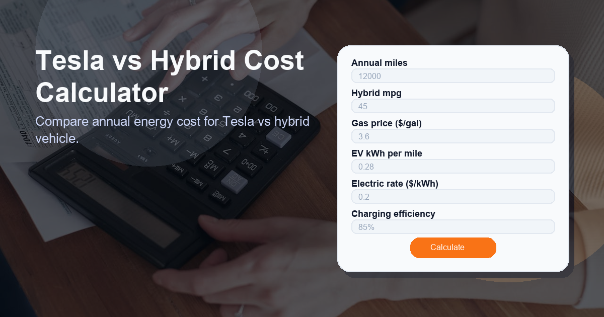 Compare annual energy cost for Tesla vs hybrid vehicle.